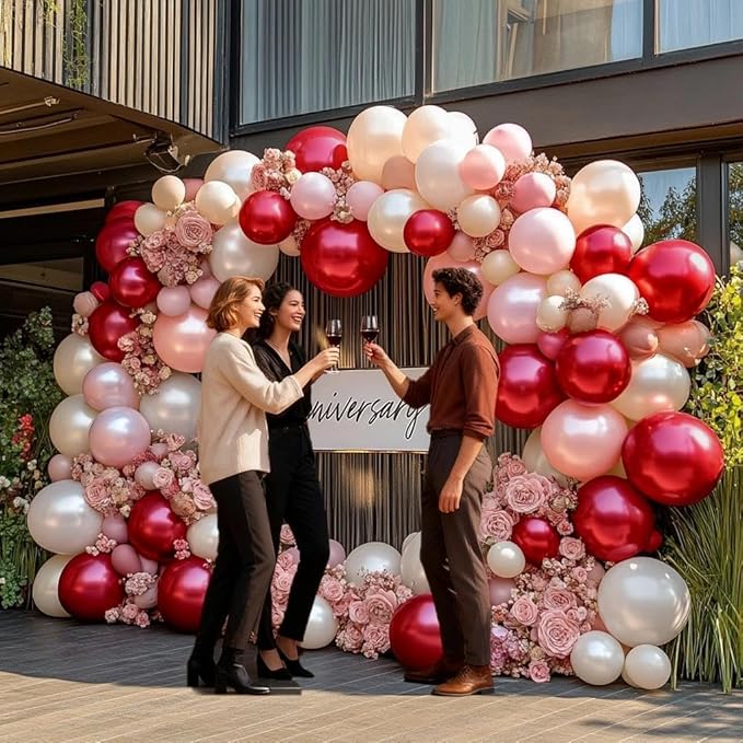Red Pink White Balloons Double Stuffed Burgundy Pink Balloons Different Sizes Pearl White Burgundy Balloon Arch Kit for Bridal Wedding Birthday Baby Shower Mother's Day Party Decoration