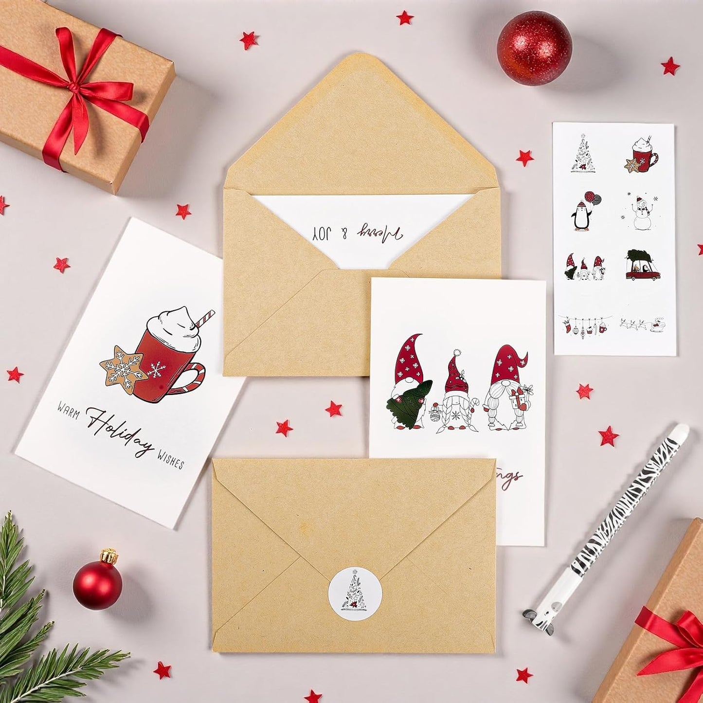Christmas Cards with Envelopes, 24 Pack Merry Christmas Cards with Stickers, 8 Assorted Designs 4x6 Inch Happy Holidays Card New Year Greeting Card for Family, Friends, Boys & Girls