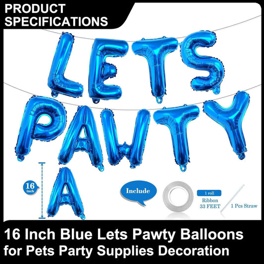 9 Pcs Lets Pawty Balloons Banner 16 Inch, Dog Cat Pet Birthday Letters Sign Lets Pawty Balloons Happy Birthday Banner for Pet Dog Cat Party Supplies Decorations (Blue)