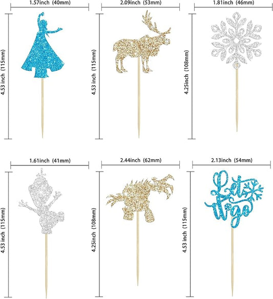 24Pcs Snowflake Cupcake Toppers Glitter Winter Frozen Theme Snowflake Deer Princess Cupcake Pick Decorations for Winter Wonderland Baby Shower Birthday Xmas Party Supplies