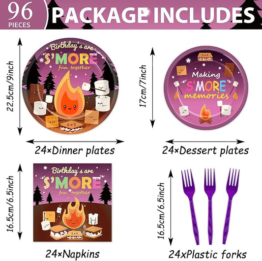 OBUSATT 96Pcs S'Mores Birthday Party Supplies - Smores Bonfire Birthday Paper Plates, Napkins, Marshmallows & Dinnerware for 24