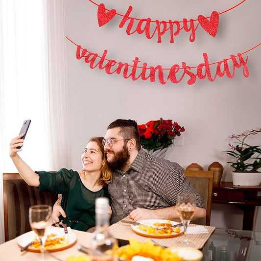 Glitter Happy Valentines Day Banner, Pre-Assemble Valentines Day Banners, Red Valentine's Day Sign with Heart for Valentine Home, Office, Fireplace, Wall and Party Decorations