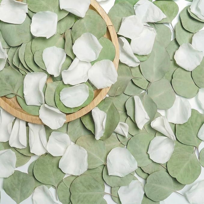 Eslibin 500+PCS Real White Rose Petals & Natural Eucalyptus Leaves, 4.23oz (120g) ā Freeze Dried Flower Petals Confetti for Wedding Flower Girl Toss, Aisle Runner, Table Scatter, Bridal Shower Decor