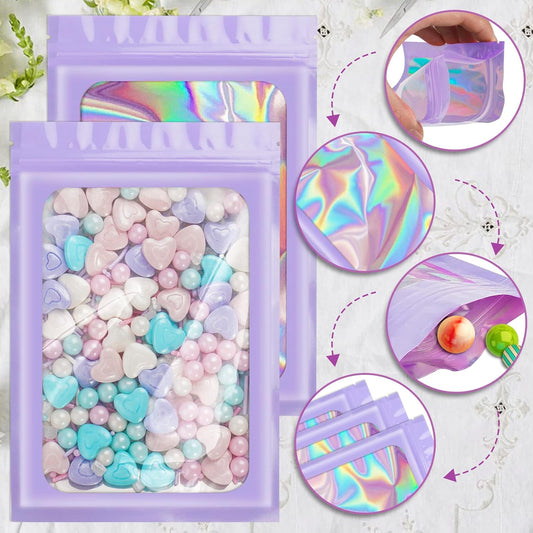100 Pieces Smell Proof Mylar Resealable Bags, Holographic Packaging Bags, Resealable Odor Foil Pouch Zip Bag with Clear Window for Food Storage and Lipgloss, Jewelry Lash(Purple, 6.3 x 9.4 Inch)