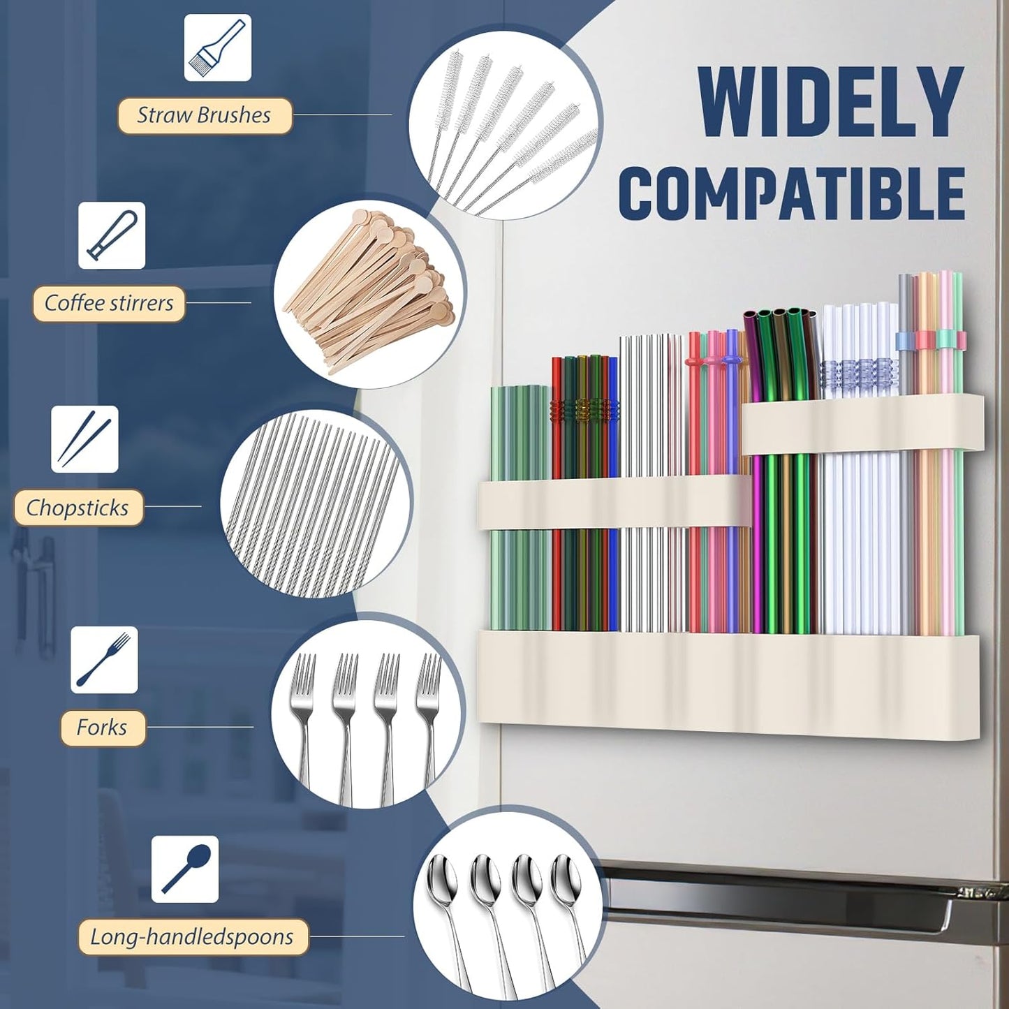 Straw Holder Large for Refrigerator 11”2025 Adjustable Two-Part Magnetic 3in1 Split Design Reusable Tumbler Straw Organizer Storage (Gream)