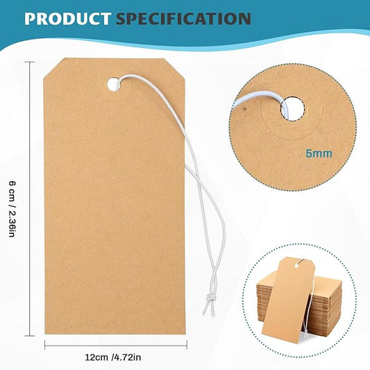 100 Pack Manila Shipping Tags with Elastic String Blank Labeling Tags with Strings Attached, 4 3/4" x 2 3/8"
