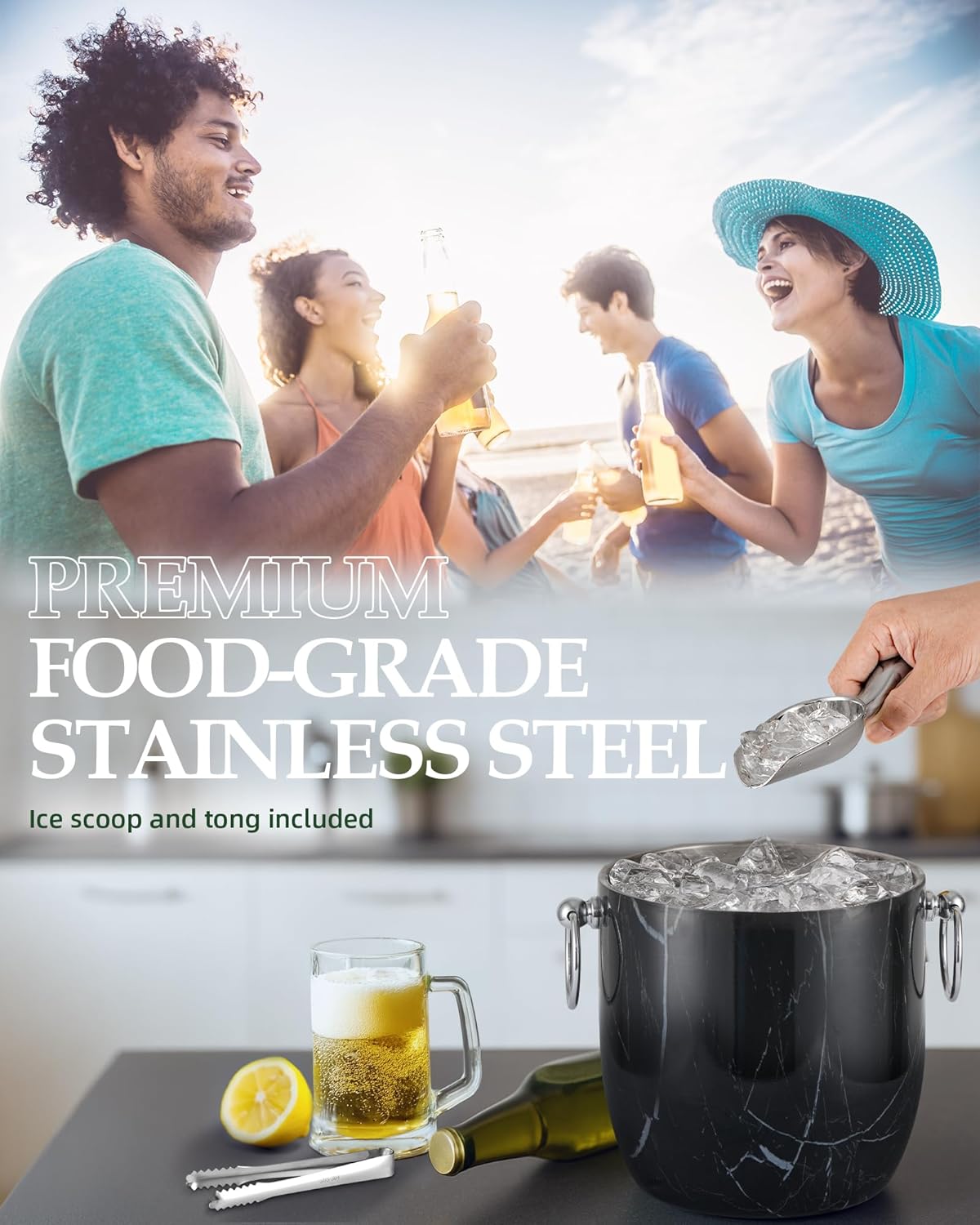 3 Liters Ice Bucket, Double Wall Stainless Steel, Insulated Ice Bucket, Including Strainer & Ice Cover Ice Tongs, Scoope,Black Marble