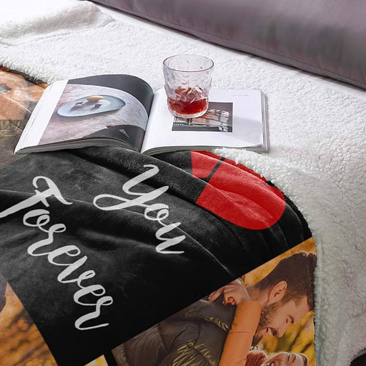 Custom Blanket with Picture Personalized Sherpa Fleece Throw Blanket - Thick and Warm Fuzzy Plush Blanket - Customized Valentines Day Gifts for Couple Girlfriend Boyfriend