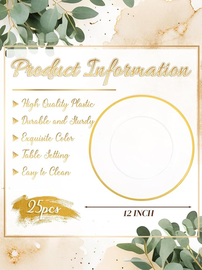 WDF 25Pack Gold Charger Plates - 12inch Clear Chargers with Gold Trim - Clear Plates Disposable for Wedding Baby Shower Spring Birthday
