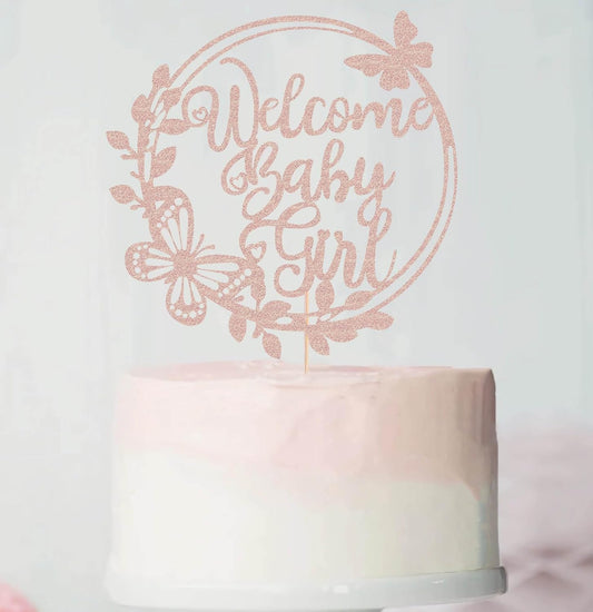 Welcome Baby Girl Cake Topper - Rose Gold Glitter Baby Shower Cake Decorations, Baby Girl Cake Topper, for Baby Shower/Birthday Party/Gender Reveal Party Photo Booth Props
