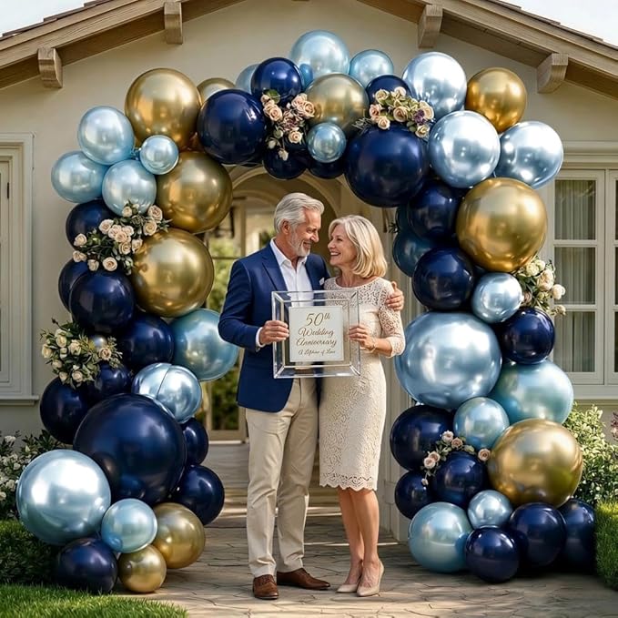 Blue Gold Balloon Arch Garland Double Stuffed Dark Navy Light Blue Gold Balloon Garland Kit for Birthday Graduation Baby Shower Anniversary Wedding Party Decorations