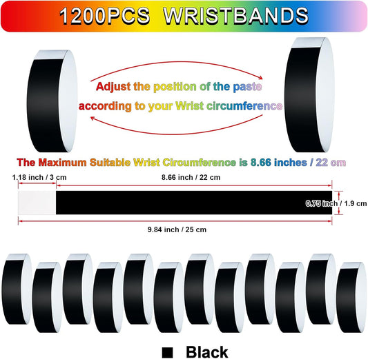 1200 Pcs Plastic Paper Wristbands for Events Neon Color Wrist Bands Concert Identification Wristbands Paper Bracelets Wristbands Party Hand Bands (Black)