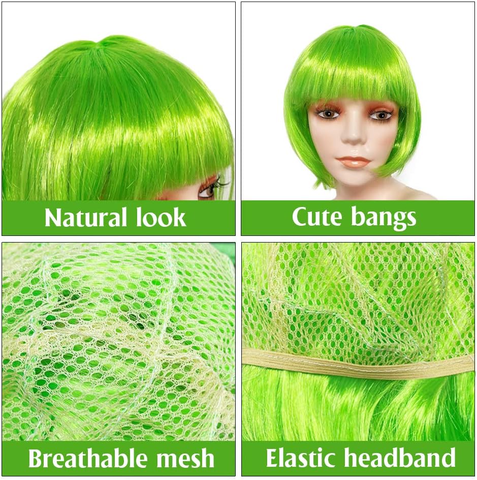 Short Bob Colors Wigs with Bangs, 6Pcs Cosplay Wig with Heart Sunglasses for Halloween Bachelor Party Decorations