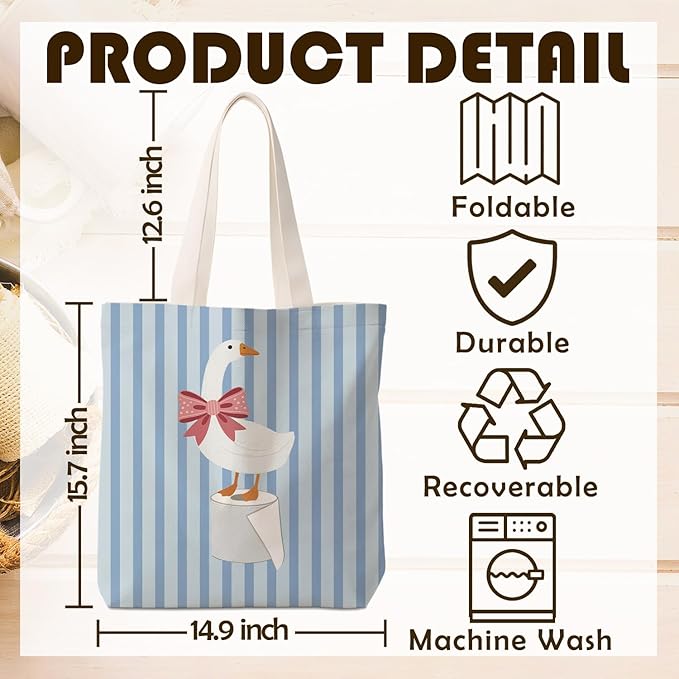Coquette Pink Bow Goose Tote Bag for Women,Funny Goose Canvas Tote Bag,Gifts for Goose Lovers,Blue Striped Aesthetic Reusable Shopping Grocery Bags Party Favors