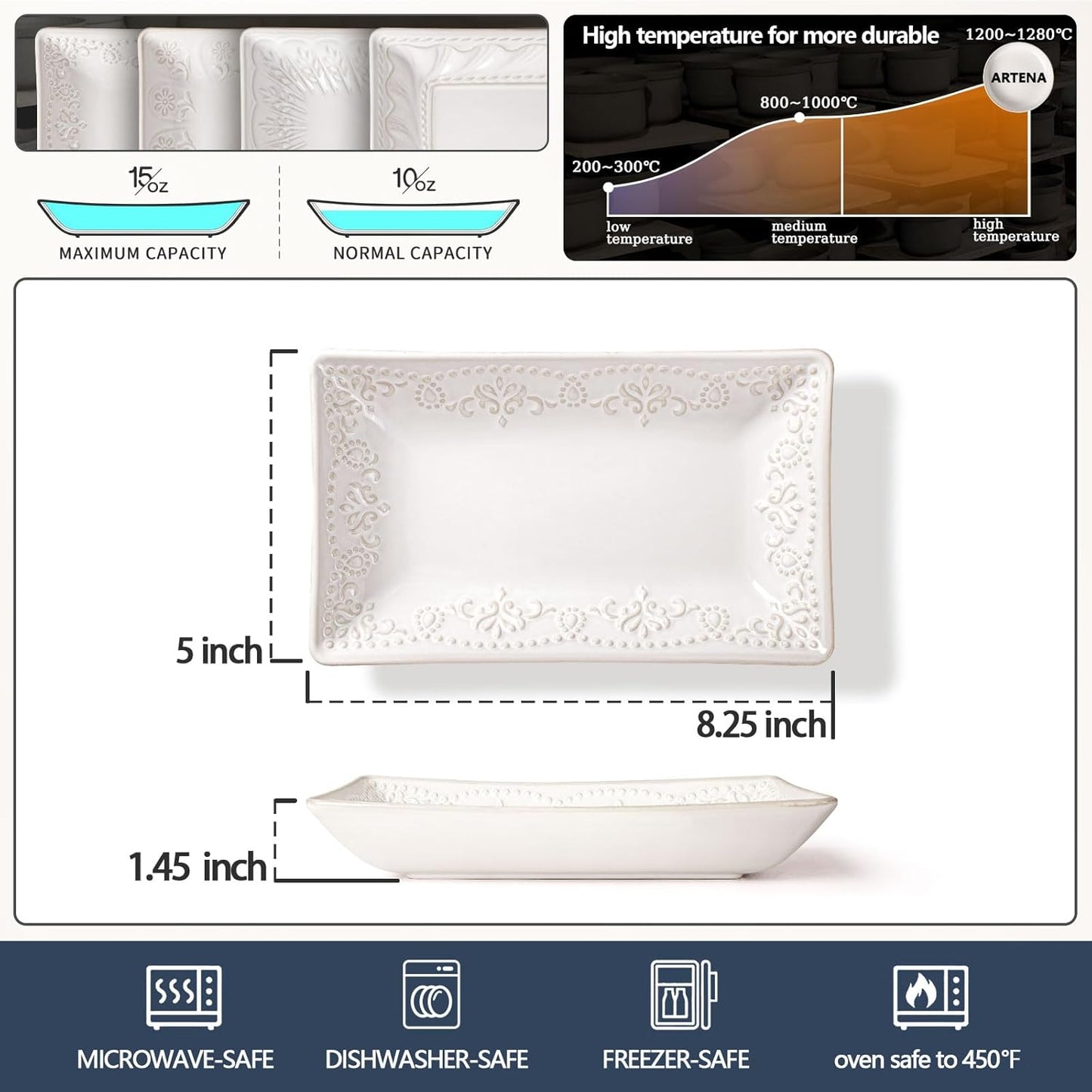 Artena Ceramic 8.25 Inch Rectangle Salad Plates Set of 4 - Deep Plates for Appetizer, Dessert, Dinner, Sushi, Snack, Pasta, Serving - Microwave Safe with Embossed Rim Design (Damask Floral)