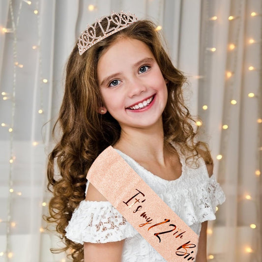 CIEHER 12th Birthday Crown + 12th Birthday Sash + Pearl Pin Set, It's My 12th Birthday Sash, 12 Birthday Tiara, 12th Birthday Decorations for Girls, 12th Birthday Gifts