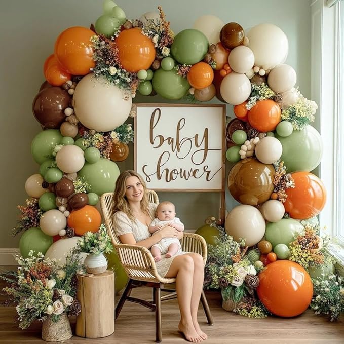 Green Orange Brown Balloon Garland Double Stuffed Sage Green White Sand Cream Balloon Arch Kit for Birthday Baby Shower Dinosaur Woodland Wild One Easter Party Decorations