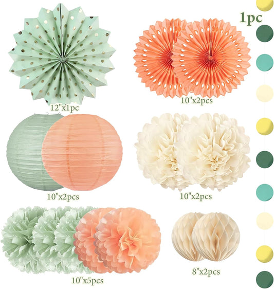 Sage Green and Peach Party Decorations Sage Green and Peach Paper Fans Paper Lanterns Pom Poms Flowers for Baby Shower Birthday Wedding Engagement Party