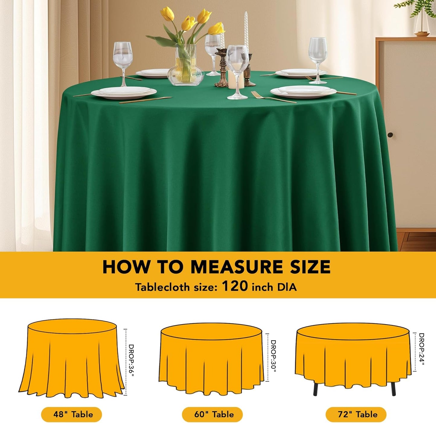 6-Pack Hunter Green Round Tablecloths, 120 Inches, Stain-Resistant Polyester for 5-6 Ft Round Tables - Washable Table Covers for Weddings, Banquets, Birthday Parties, Events