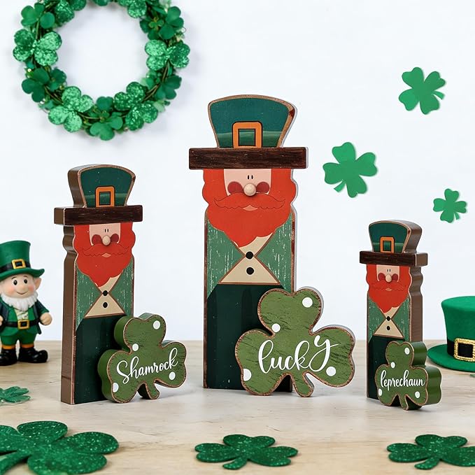 6 Pcs Wooden St Patricks Day Tiered Tray Decorations Sign Wood Irish Table Centerpieces Block Leprechaun Clover Figurines Shamrock Lucky Tabletop Ornaments for Rustic Farmhouse Office Home Shelf