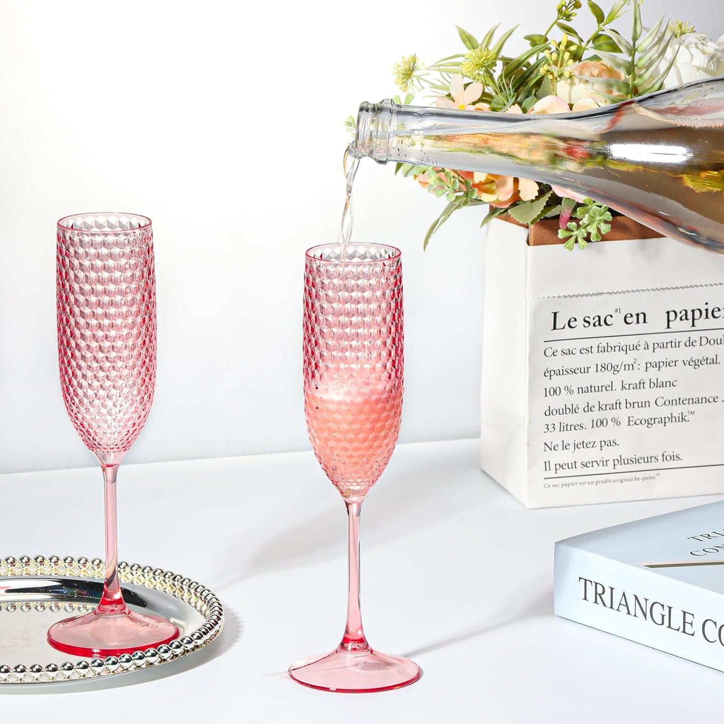 Plastic Champagne Flutes Champagne Glasses Unbreakable Wedding Toasting Glasses Reusable Diamond Wine Glasses Crystal Clear Party Wine Cups Vintage Drinking Glasses 5.5 OZ for Wedding (24, Pink)