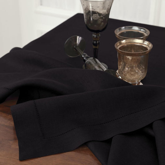 Solino Home Black Linen Tablecloth 60 x 90 Inch - 100% Pure Linen Hemstitch Table Cloth for Rectangle Tables - Classic Hemstitch, Machine Washable Tablecloth for Fall, Halloween, Thanksgiving, Holiday