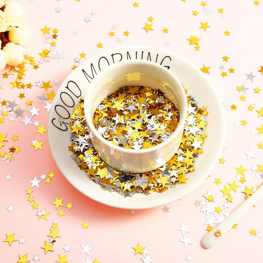 Hestya 60g Star Confetti Glitter Table Confetti Metallic Foil Stars for Christmas Party Wedding Festival Decorations(Gold Silver 60g,10mm and 6mm)