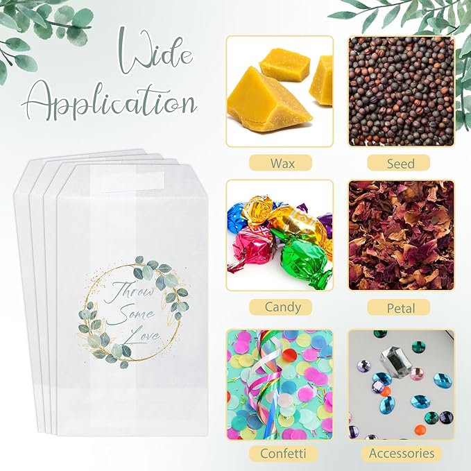 100 Pcs Wedding Confetti Bags, 2.8" x 5" Throw Flower Petal Packets Semi-transparent Glassine Waxed Paper Treat Bags for Wedding Toss, Party Decor(Throw Some Love-green Leaves)