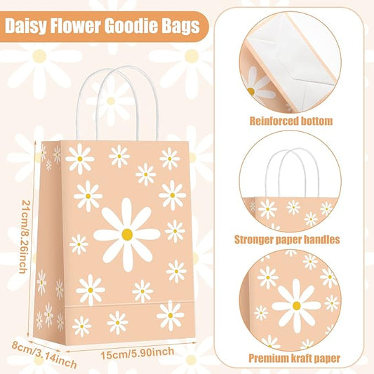 Outus 24 Pcs Daisy Party Favor Bags Boho Groovy Flower Gift Goodie Paper Bags with Handles Retro Hippie Flower Candy Treat Pouch for Daisy Birthday Party Decorations Supplies
