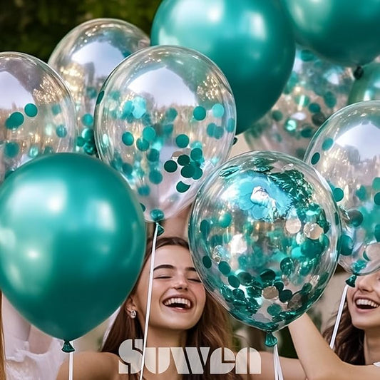 SUWEN Metallic Green Balloons and Confetti Balloons Set 47PCS Latex Helium Metallic Teal Balloon for Birthday Anniversary Party Decorations
