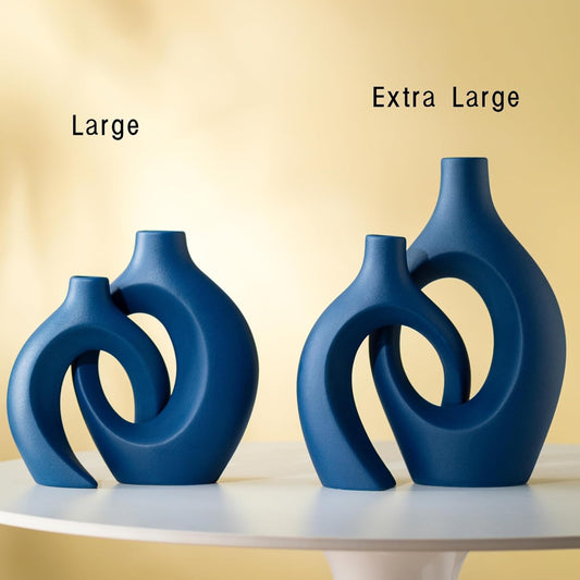 Snuggle Hollow Ceramic Vase Set of 2, 11Inch Nordic Modern Boho ins Style Decorative Ceramic Aesthetic Flower Vases for Home Decor Living Room Shelf Table Decorative (Matte Navy Blue)