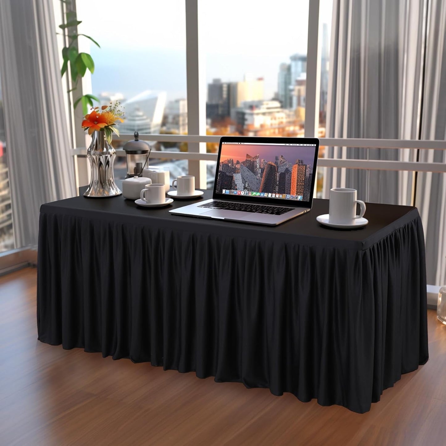 Black Polyester Table Clothes for 4 Foot Rectangle Tables, Wrinkle Free Fitted Table Cover 4ft Stretch Tablecloths with Skirt for Parties Weddings Birthday Banquet Baby Shower