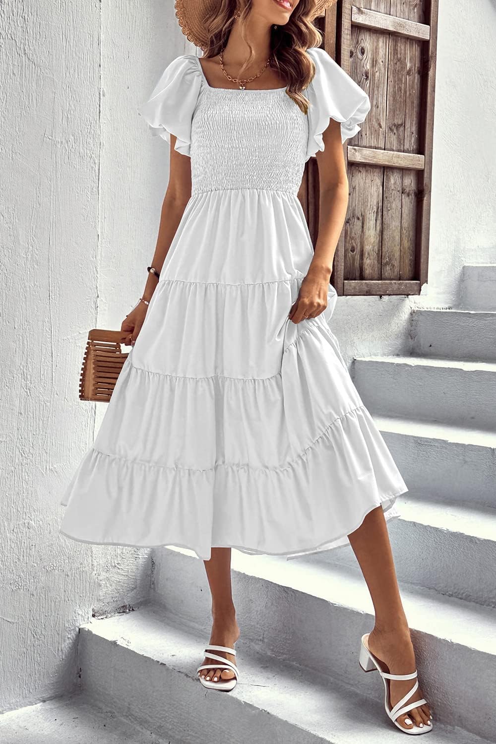 PRETTYGARDEN Women's Casual Summer Midi Dress Puffy Short Sleeve Square Neck Smocked Tiered Ruffle Dresses