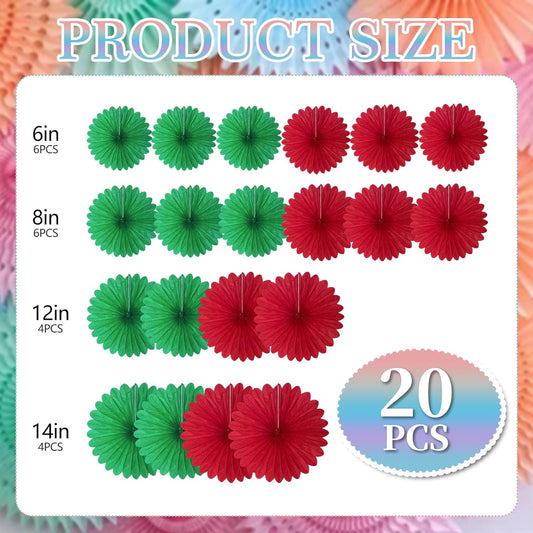 20 Pcs Red Green Hanging Paper Fan, Round Paper Fans Decorations Set for Weddings, Birthdays, Engagement, Bridal Shower, Christmas Party Supplies Decor