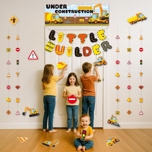 Construction Party Decorations, 20PCS Under Construction Banner Kit with Hanging Signs, Banners, Cutouts and Door Décor, Pre-Strung Building Theme Decor for Birthday or Event Setup