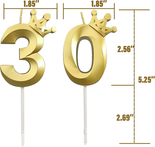 The Number 30 Gold Birthday Candles for Cake is Beautiful Number Candles for 30th Birthday Decorations for Man and Women (Gold-30, Crown)