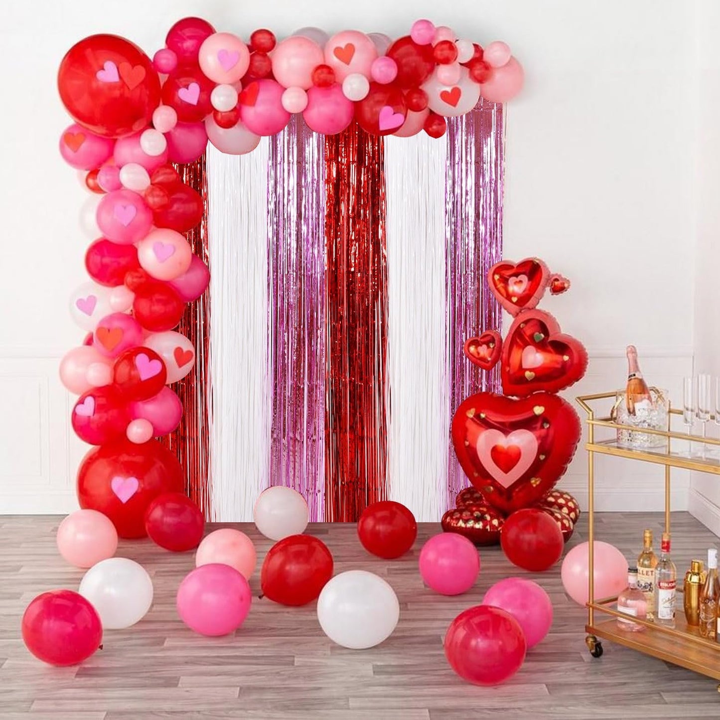 TONIFUL Valentine's Day Door Streamers,Red Pink and White Photo Booth Backdrop Metallic Streamers Foil Fringe Curtain for Birthday Valentine's Day Bridal Shower Engagement Party Decoration