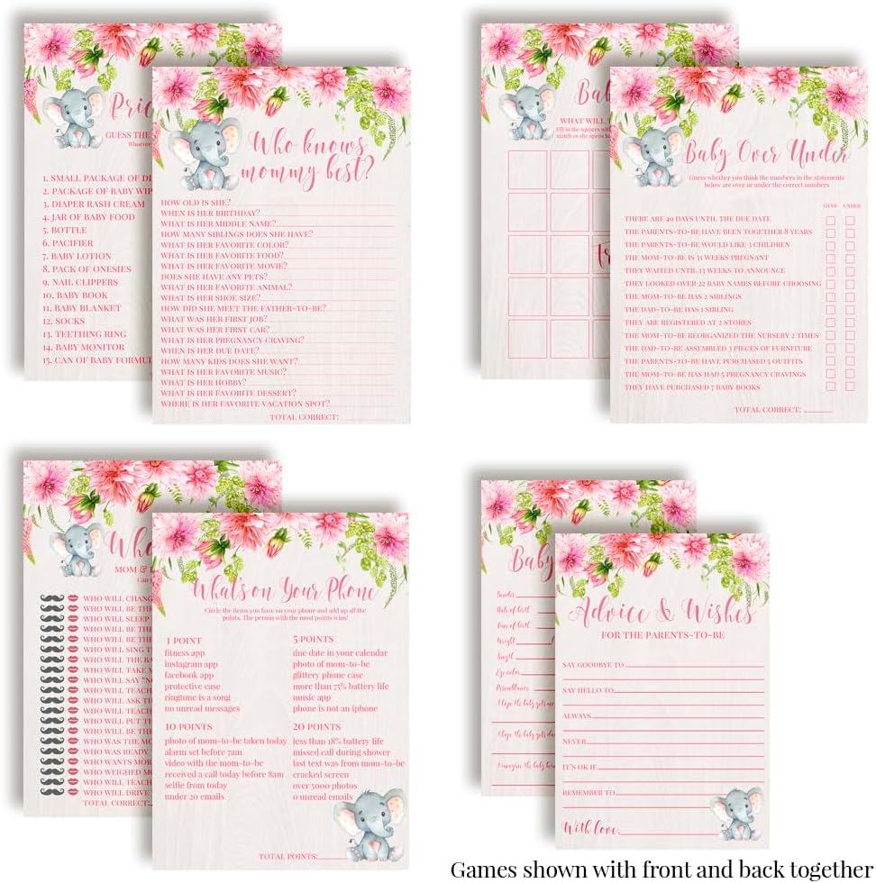 Amanda Creation Baby Shower Games 8 Game Set Watercolor Dahlia Floral Elephant Girl 80 Double-Sided Cards for 20 Guests.Bingo, Baby Predictions & Activities for Guests. Theme for Girl