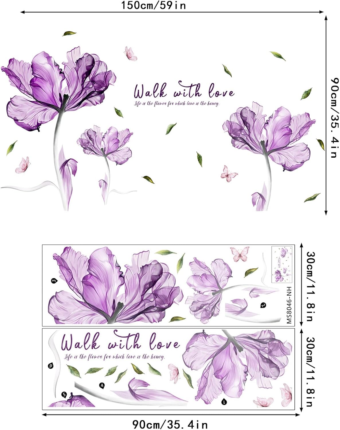 Flowers Wall Sticker Watercolor Purple Floral Wall Decal DIY Butterfly Flower Art Decor Stickers Floral Quotes Saying Wall Decals Mural for Nursery Bedroom Kids Room
