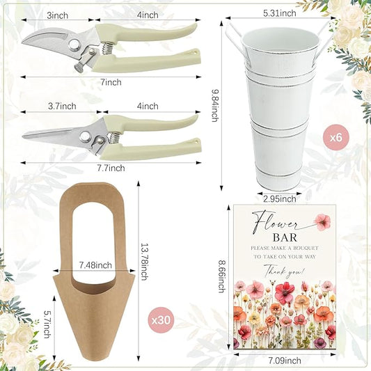 LEIFIDE 39 Pcs Flower Bar Buckets Set Kit Bloom Bar Supplies Include Wood Sign Gift Bags Iron Bucket Garden Flower Shears for Valentine Days Wedding Bridal Shower Table Centerpieces (White)