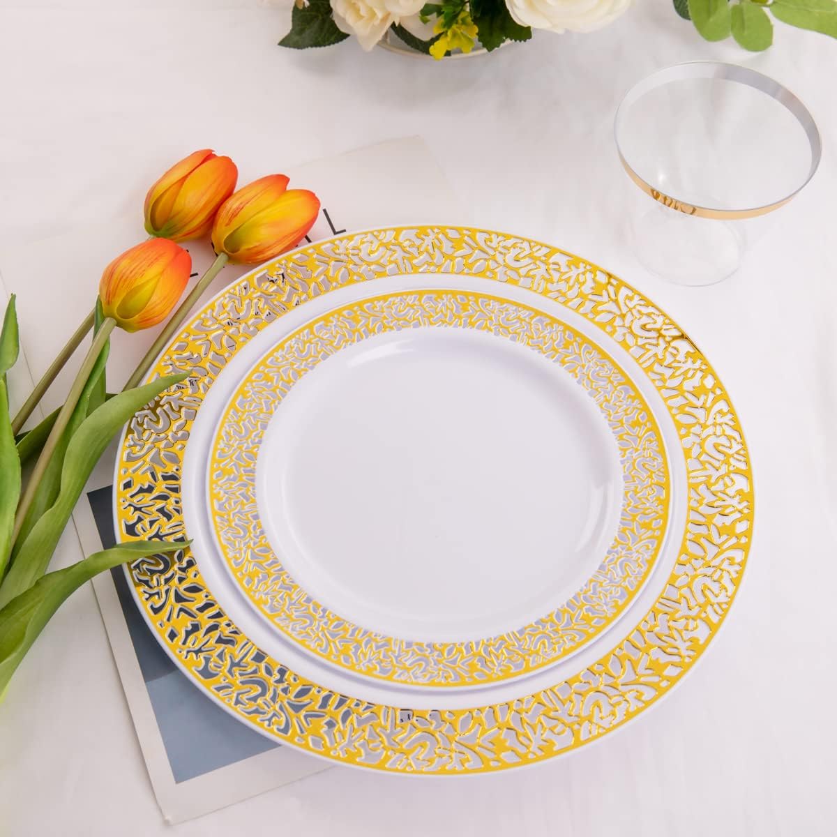 supernal 100pcs Gold Plastic Plates, 10.25" White Plastic Dinner Plate, Gold Lace Plates Heavy Duty,Disposable Plate for Tableware Weddings Celebrations and Parties