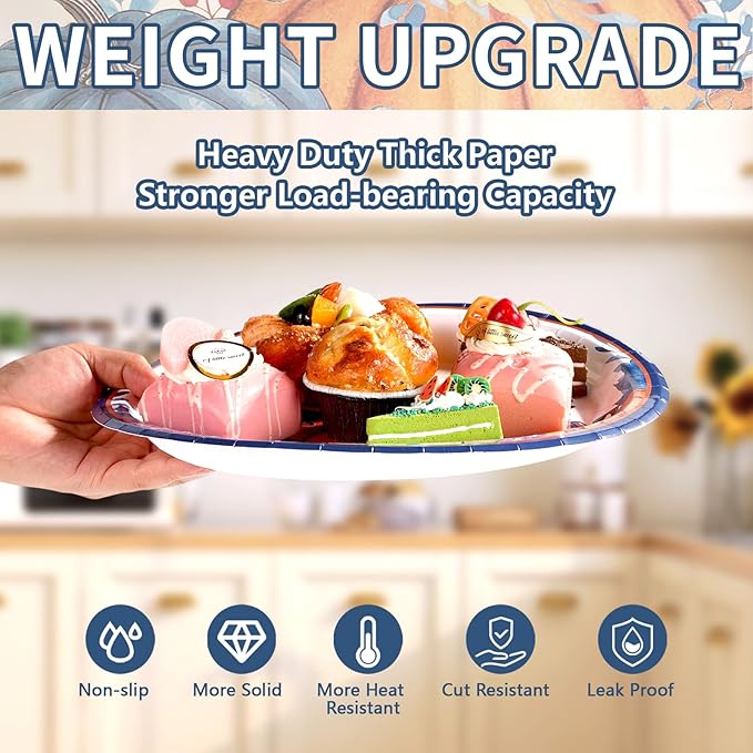 50Pcs Fall Oval Paper Plates Thanksgiving Plates 10" X 12" Large Disposable Blue White Pumpkin Plate Autumn Sunflower Platter Dinner Tableware for Autumn Harvest Thanksgiving Party Decorations