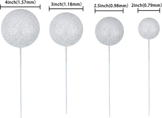 30Pcs Balls Cake Topper Glitter Foam Ball Cake Picks Mini Balloon Cupcake Insert Bubble Balls DIY Decoration for Baby Shower Wedding Anniversary Kids Birthday Graduation Party Cake Decorations Silver