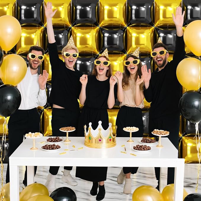 NISOCY 48PCS Black Gold Square Foil Balloons Wall Backdrop Double Sided Metallic Black Gold Balloon Arch Kit for New Years Graduation Anniversary Birthday Engagement Baby Shower Party Decorations