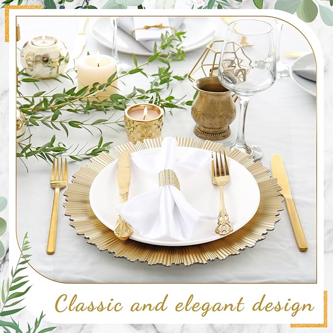 Tanlade 12 Set Light Gold Charger Plates Bulk with Napkin Rings Plastic 13" Plate Charger Fluted Edge Wedding Decoration for Table Wedding Party Event(Gear)