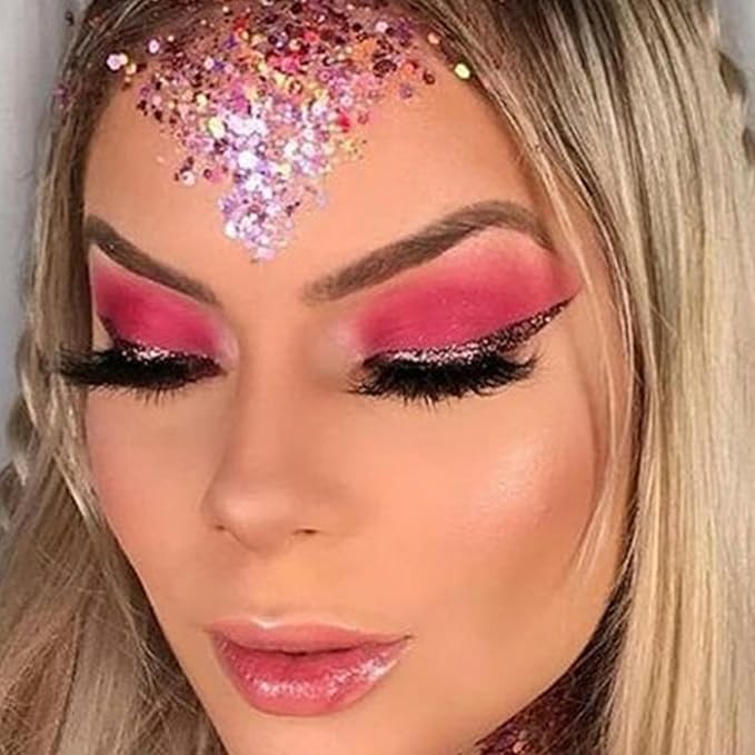 MEICOLY Pink Face Body Glitter,Holographic Sparkly Hair Glitter,Pink Accessories for Spirit Week,Singer Concerts Lover Heart Halloween Glitter Makeup,Self-Adhesive Mermaid Glitter Face Paint