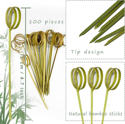 100 Counts Bamboo Cocktail Picks, Fancy Toothpicks Cocktail Skewers, Bamboo Skewers for Appetizers, Charcuterie Accessories, Handmade Bamboo Sticks With Knot, 4.7 Inch Long Cocktail Toothpicks