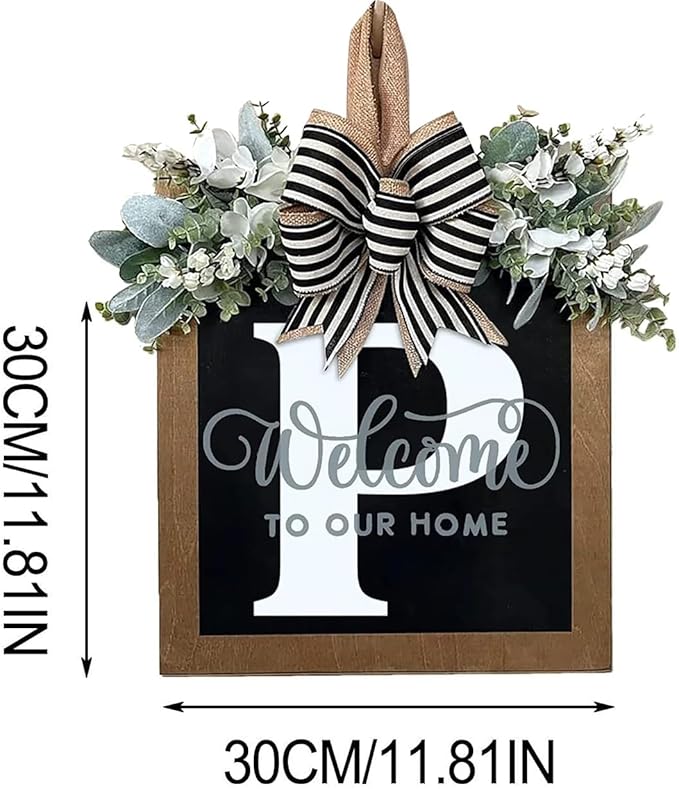 Last Name All Year Round Front Door Wreath with 26 Initial Letter Welcome Sign All Seasons Eucalyptus Garland and Bow ,Farmhouse, Porch, for Spring Summer Fall All Seasons Holiday Halloween Christmas.(P)