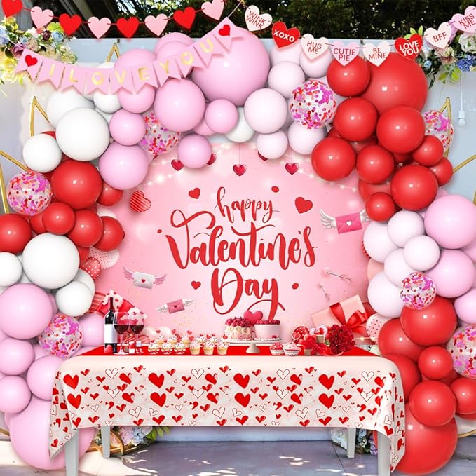 AIBIIN Valentine's Day Balloon Garland Arch Kit,I Love You Banner Red Pink White Confetti Balloons for for Women Girls Wedding Engagement Mother's Day Anniversary Decoration Supplies