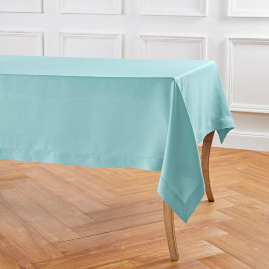 Solino Home Linen Tablecloth for Rectangle Tables 60 x 132 Inch - Classic Hemstitch 100% Pure Linen Aqua Blue Table Cloth - Machine Washable Cloth Tablecloth for Christmas